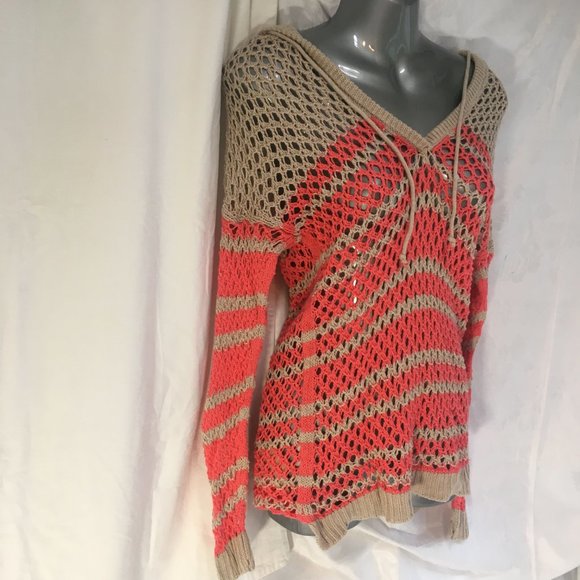 American Eagle Coral Beige Crochet Open Knit Hooded Long Sweater Y2K XS Fairy - Picture 6 of 10